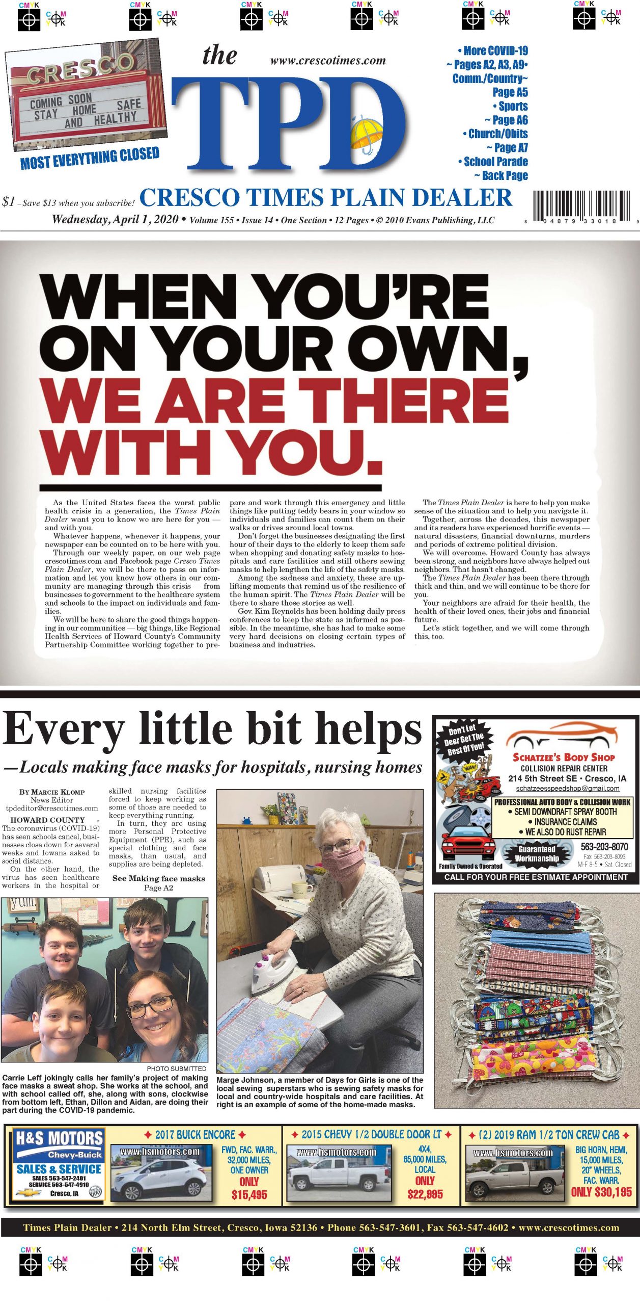 When You're On Your Own, We Are There With You Front Pages Iowa