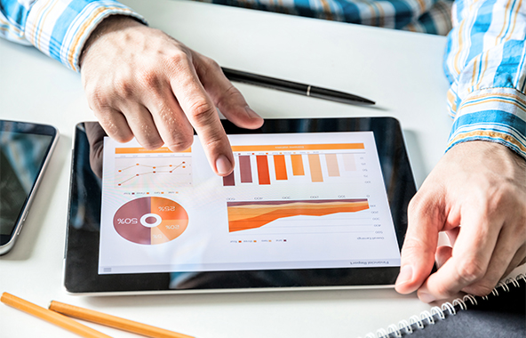 Person reviewing market research charts on a tablet.