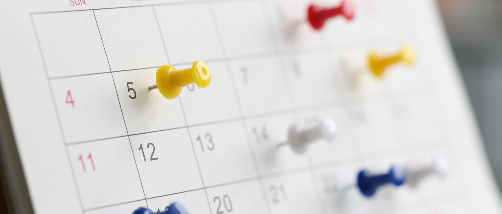 Pushpins marking dates on a printed calendar.