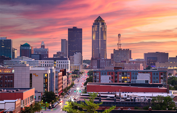 Des Moines skyline at sunset.