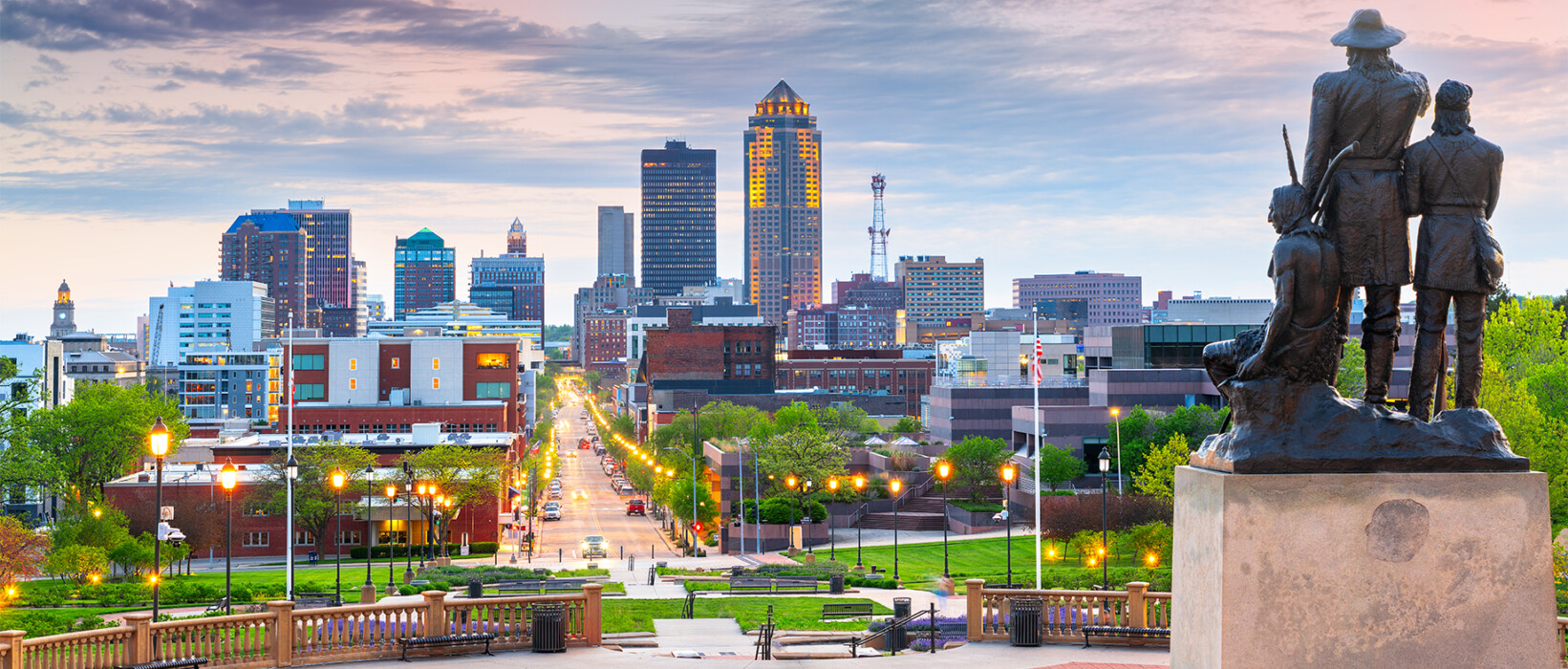 Des Moines skyline viewed from the Iowa State Capitol grounds.